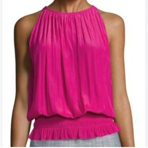 Katherine Malandrino Hot Pink Sleeveless Smocked Waist High Neck Summer‎ Size XS